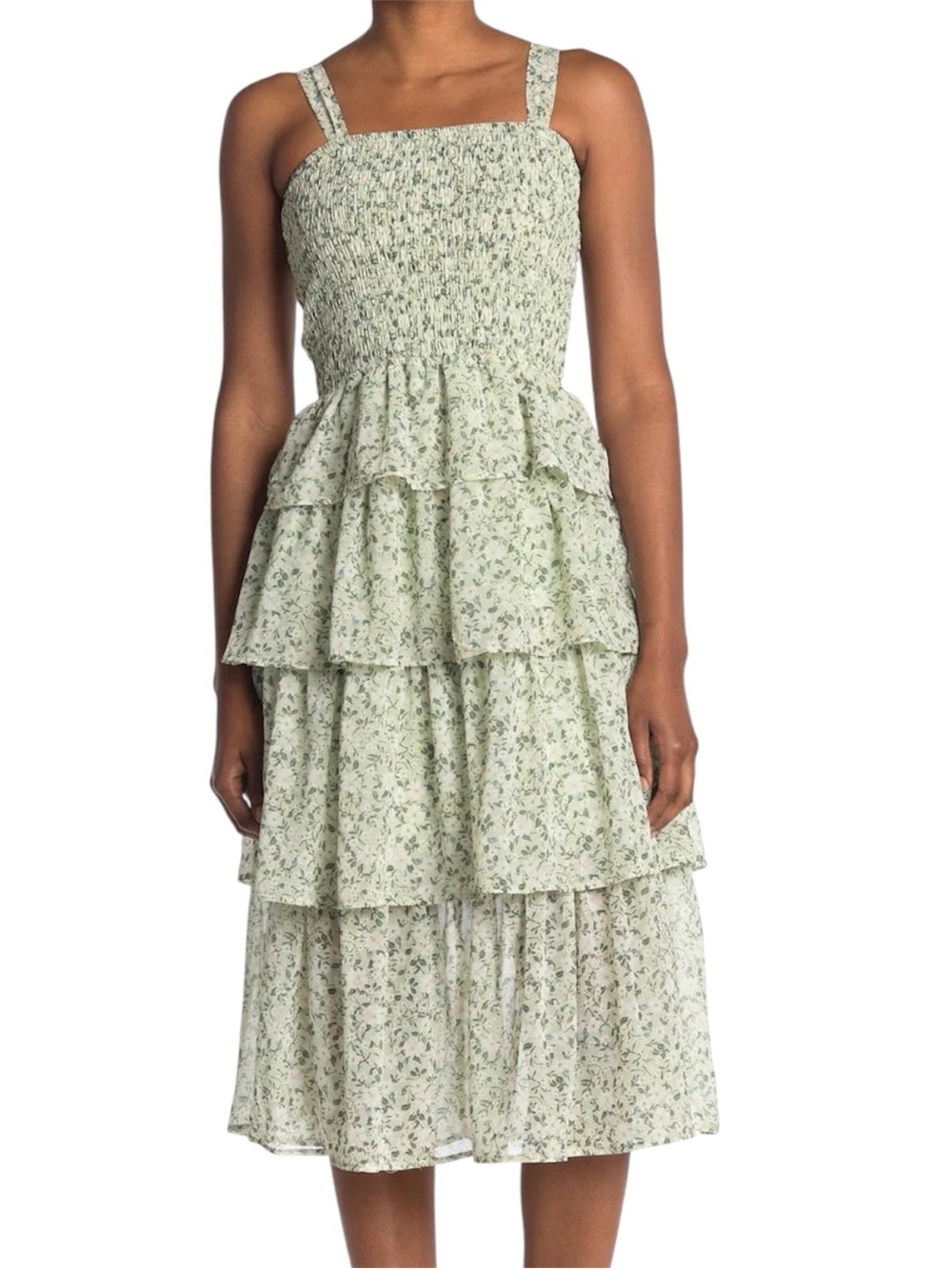 Mimi Chica Floral Smocked Tiered Ruffle Midi Dress Sage Green M EUC